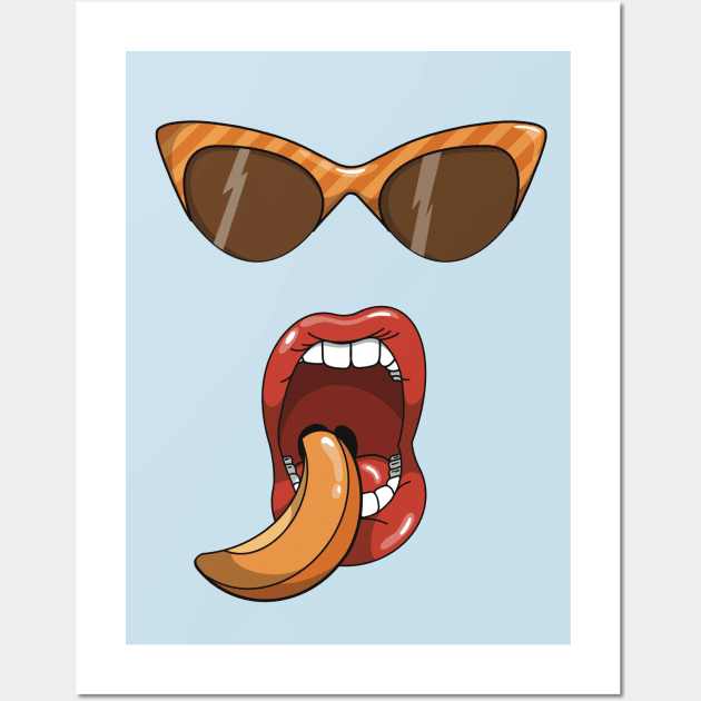 Mouth about to eat a slice of a peach while wearing matching orange striped sun glasses. Wall Art by Fruit Tee